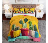 WHUOEUCO Couette 4 Saisons 140x200 cm Pot De Fleurs Cactus Couette Tempérée 100% Microfibre Coton Bio, Edredon Ultra Gonflante avec 2 Taies d'oreiller, pour Allergiques
