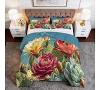 WHUOEUCO Couette 4 Saisons 200x200 cm Fleurs De Cactus Plantes Succulentes Couette Tempérée 100% Microfibre Coton Bio, Edredon Ultra Gonflante avec 2 Taies d'oreiller, pour Allergiques