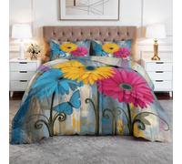 WHUOEUCO Couette Été 220x240 cm Marguerites Papillons Couette Motif 3D Moderne avec 2 Taies d'oreiller, Édredon 4 Saisons Microfibre Hypoallergénique, Douce et Lavable Machine