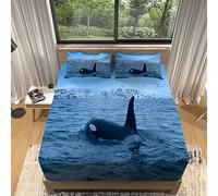 WHUOEUCO Drap-Housse 140x190 cm Épaulard océanique Respirant Extensible Protège Matelas Drap, Parure de lit Tissu en Microfibre brossée Douce pour lit Double