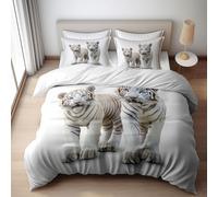 WHUOEUCO Housse de Couette 200x200cm Animal Tigre Blanc Housse Motifs Imprimée avec 2 Taies d'oreiller, Parure de lit Microfibre Douce et légère, avec Fermetures éclair