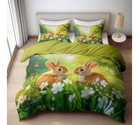 WHUOEUCO Housse de Couette 220x240cm Animaux Lapins Fleurs Papillons Housse Motifs Imprimée avec 2 Taies d'oreiller, Parure de lit Microfibre Douce et légère, avec Fermetures éclair