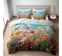 WHUOEUCO Housse de Couette 220x240cm Papillons Fleurs Sauvages Parure de Lit Douce Microfibre avec Fermeture Éclair, 3D Imprimée Housse de Couette et 2 Taies d'oreiller 65x65cm