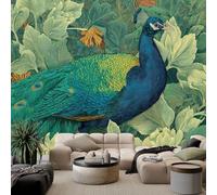 WHUOEUCO Papier Peint 3D Paon Feuilles Vertes Et Fleurs 300x210 cm Photo Mural Mur Géant Photos Moderne Intissé Décoration Murale Trompe l’Oeil Revêtement Panoramique Tapisserie