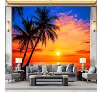 WHUOEUCO Papier Peint Murale 3D Palmiers Sunset Beach 500x280 cm Papier Peint Panoramique Intissé Décoration Tapisserie Murale Moderne, pour Chambre Salon Mur de Fond TV
