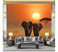 WHUOEUCO Papier Peint Panoramique Afrique Coucher Soleil Éléphants 250x175 cm Poster Geant Mural, Papier Peint Intissé Mural pour Chambre Salon Canapé TV Fond Décoration Murale