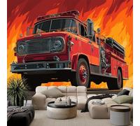 WHUOEUCO Papier Peint Panoramique Camion de pompiers rouge de dessin animé 200x140 cm Poster Geant Mural, Papier Peint Intissé Mural pour Chambre Salon Canapé TV Fond Décoration Murale