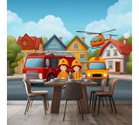 WHUOEUCO Papier Peint Panoramique Camion Pompiers Dessin Animé 350x256 cm Poster Geant Mural, Papier Peint Intissé Mural pour Chambre Salon Canapé TV Fond Décoration Murale