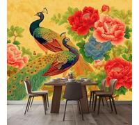 WHUOEUCO Papier Peint Panoramique Oiseau Paon Fleurs Pivoine 500x280 cm Poster Geant Mural, Papier Peint Intissé Mural pour Chambre Salon Canapé TV Fond Décoration Murale