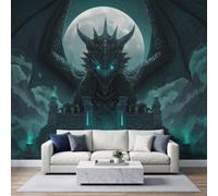WHUOEUCO Papier Peint Panoramique Salon Gothique Château Dragon Lune | Papier Peint Photo Intissé Poster Tapisserie Mural 250x175 cm pour Chambre , Salle à Manger, Décor Fond TV