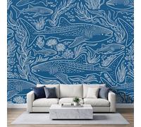 WHUOEUCO Papier Peint Panoramique Salon Océan Requin Algues Bleu Marine | Papier Peint Photo Intissé Poster Tapisserie Mural 250x175 cm pour Chambre , Salle à Manger, Décor Fond TV