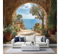 WHUOEUCO Papier Peint Photo Panoramique Romantique Méditerranée | Papier Peint Intissé 400x280 cm Arche Plantes Pots Mer Poster Fresque Mural Tapisserie Pour Salon Chambre à Coucher