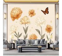 WHUOEUCO Papier Peint Rétro Fleurs Pivoine Papillons 250x175 cm Papier Peint Panoramique Effet 3D, Peinture Murale intissé Grande, pour Moderne Salon Chambre TV Fond