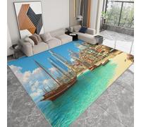 WHUOEUCO Tapis Salon Chambre Gratte-Ciel en Bord De Mer Petits Bateaux 60x120cm Doux Antidérapant Tapis Intérieur, Lavable en Machine, pour Chambre Adulte Salle à Manger Cuisine Bureau