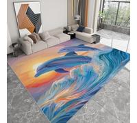 WHUOEUCO Tapis Salon Impression 3D Moderne Dauphins du Coucher De Soleil 80x150cm Tapis Poils Courts Lavable Antidérapant Doux pour Chambre, Cuisine et Salle à Manger