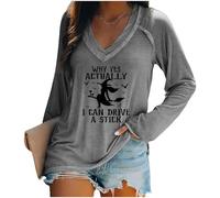 « Why Yes Actually I can drive a Stick » T-shirt col en V à manches longues T-shirt décontracté amusant, gris, M