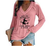 « Why Yes Actually I can drive a Stick » T-shirt col en V à manches longues T-shirt décontracté amusant, Rose, L