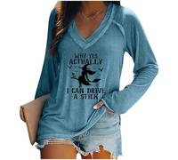 « Why Yes Actually I can drive a Stick » T-shirt col en V à manches longues T-shirt décontracté amusant, bleu, L