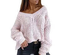 WHZXYDN Hiver Nouveau Style Col en V TempéRament Paresseux LâChe Pull Creux en Mohair Pull De Couleur Unie