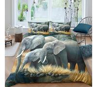 WIASVZMCI Famille d'éléphants Parure de Lit Microfibre résistante 3 pièces 3D Imprimée Léger Wildlife Peinture Style Housse de Couette avec Taie d'oreiller Entretien Facile for Ado Single（140x200cm）