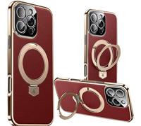 Wibrthz Coque Magnétique en Cuir pour iPhone 16 Pro avec Support Magnétique, [Compatible avec la Recharge sans Fil] Coque Fine en Cuir PU et Cadre Galvanisé Antichoc pour iPhone 16 Pro(Rouge)