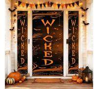 Wicked Welcome Lot de 3 housses de porte de bienvenue, chauve-souris effrayantes, citrouilles, Halloween, noir, vacances, porche, bannière, décorations pour porte d'entrée, intérieur et extérieur