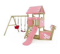 Wickey Aire de Jeux DinkyHouse avec Nez de Bateau - Toboggan & bâche - Tour à Grimper pour Enfants pour Le Jardin en Bois Massif - 372x317x247 cm (Rose Pastel)