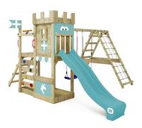 WICKEY Aire de Jeux DragonFlyer avec balançoire & Toboggan, Tour d'escalade pour Enfants avec bac à Sable, échelle & Accessoires de Jeu pour Le Jardin (Bleu Pastel)