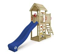 WICKEY Aire de Jeux JoyFlyer portique en Bois avec Toboggan Bleu, Tour d'escalade pour Enfants avec bac à Sable, échelle et Accessoires de Jeu pour Le Jardin.
