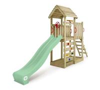 WICKEY Aire de Jeux JoyFlyer portique en Bois avec Toboggan, Tour d'escalade pour Enfants avec bac à Sable, échelle et Accessoires de Jeu pour Le Jardin. (Vert Pastel)