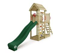 WICKEY Aire de Jeux JoyFlyer portique en Bois avec Toboggan Vert, Tour d'escalade pour Enfants avec bac à Sable, échelle et Accessoires de Jeu pour Le Jardin.