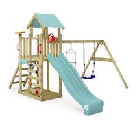 Wickey Aire de Jeux MultiFlyer Light, portique en Bois avec balançoire et Toboggan, Tour d'escalade pour Enfants avec bac à Sable, échelle et Accessoires de Jeu pour Le Jardin (Bleu Pastel)