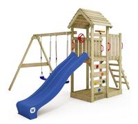 Aire de jeux Portique bois MultiFlyer avec balançoire et toboggan bleu WICKEY