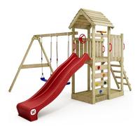 WICKEY Aire de Jeux MultiFlyer portique avec Toit en Bois & balançoire et Toboggan Rouge, Tour d'escalade pour Enfants avec bac à Sable, échelle et Accessoires de Jeu pour Le Jardin.