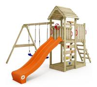 WICKEY Aire de Jeux MultiFlyer portique avec Toit en Bois & balançoire et Toboggan, Tour d'escalade pour Enfants avec bac à Sable, échelle et Accessoires de Jeu pour Le Jardin. (Orange)