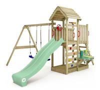 WICKEY Aire de Jeux MultiFlyer portique avec Toit en Bois & balançoire et Toboggan, Tour d'escalade pour Enfants avec bac à Sable, échelle et Cuisine en Boue de Jeu pour Le Jardin - Vert Pastel