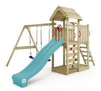 WICKEY Aire de Jeux MultiFlyer portique avec Toit en Bois & balançoire et Toboggan, Tour d'escalade pour Enfants avec bac à Sable, échelle et Accessoires de Jeu pour Le Jardin. (Turquoise)