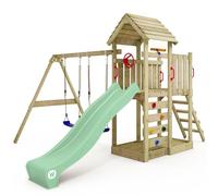 WICKEY Aire de Jeux MultiFlyer portique avec Toit en Bois & balançoire et Toboggan, Tour d'escalade pour Enfants avec bac à Sable, échelle et Accessoires de Jeu pour Le Jardin. (Vert Pastel)