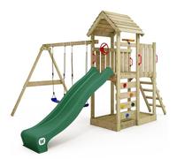 WICKEY Aire de Jeux MultiFlyer portique avec Toit en Bois & balançoire et Toboggan Vert, Tour d'escalade pour Enfants avec bac à Sable, échelle et Accessoires de Jeu pour Le Jardin.