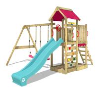 Wickey Aire De Jeux Multiflyer Portique De Jeux En Bois Avec Balançoire Double Et Toboggan Turquois