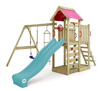 WICKEY Aire de Jeux MultiFlyer portique en Bois avec bâche en Turquoise & balançoire et Toboggan Rose, Tour d'escalade pour Enfants avec bac à Sable, échelle et Accessoires de Jeu pour Le Jardin.