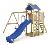 WICKEY Aire de Jeux MultiFlyer portique en Bois avec balançoire et Toboggan Bleu, Tour d'escalade pour Enfants avec bac à Sable, échelle et Accessoires de Jeu pour Le Jardin.