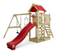 WICKEY Aire de Jeux MultiFlyer portique en Bois avec balançoire et Toboggan Rouge, Tour d'escalade pour Enfants avec bac à Sable, échelle et Accessoires de Jeu pour Le Jardin.