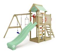 WICKEY Aire de Jeux MultiFlyer portique en Bois avec balançoire et Toboggan, Tour d'escalade pour Enfants avec bac à Sable, échelle et Accessoires de Jeu pour Le Jardin. (Vert Pastel)