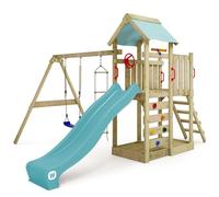 WICKEY Aire de Jeux MultiFlyer portique en Bois avec balançoire et Toboggan, Tour d'escalade pour Enfants avec bac à Sable, échelle et Accessoires de Jeu pour Le Jardin. (Bleu Pastel)