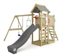 WICKEY Aire de Jeux MultiFlyer portique en Bois avec balançoire et Toboggan, Tour d'escalade pour Enfants avec bac à Sable, échelle et Accessoires de Jeu pour Le Jardin. (Anthracite)