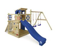 WICKEY Aire de jeux Portique bois Smart Camp avec balançoire et toboggan bleu Cabane enfant extérieure avec bac à sable