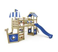 WICKEY Aire de jeux Portique bois StormFlyer avec balançoire et toboggan bleu Cabane enfant extérieure avec bac à sable