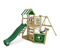 WICKEY Aire de Jeux SeaFlyer portique en Bois avec balançoire et Toboggan Vert, Tour d'escalade pour Enfants avec bac à Sable, échelle et Accessoires de Jeu pour Le Jardin.