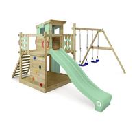 Wickey Aire de Jeux Smart Camp portique en Bois avec balançoire et Toboggan, Tour d'escalade pour Enfants avec bac à Sable, échelle et Accessoires de Jeu pour Le Jardin - Vert Pastel
